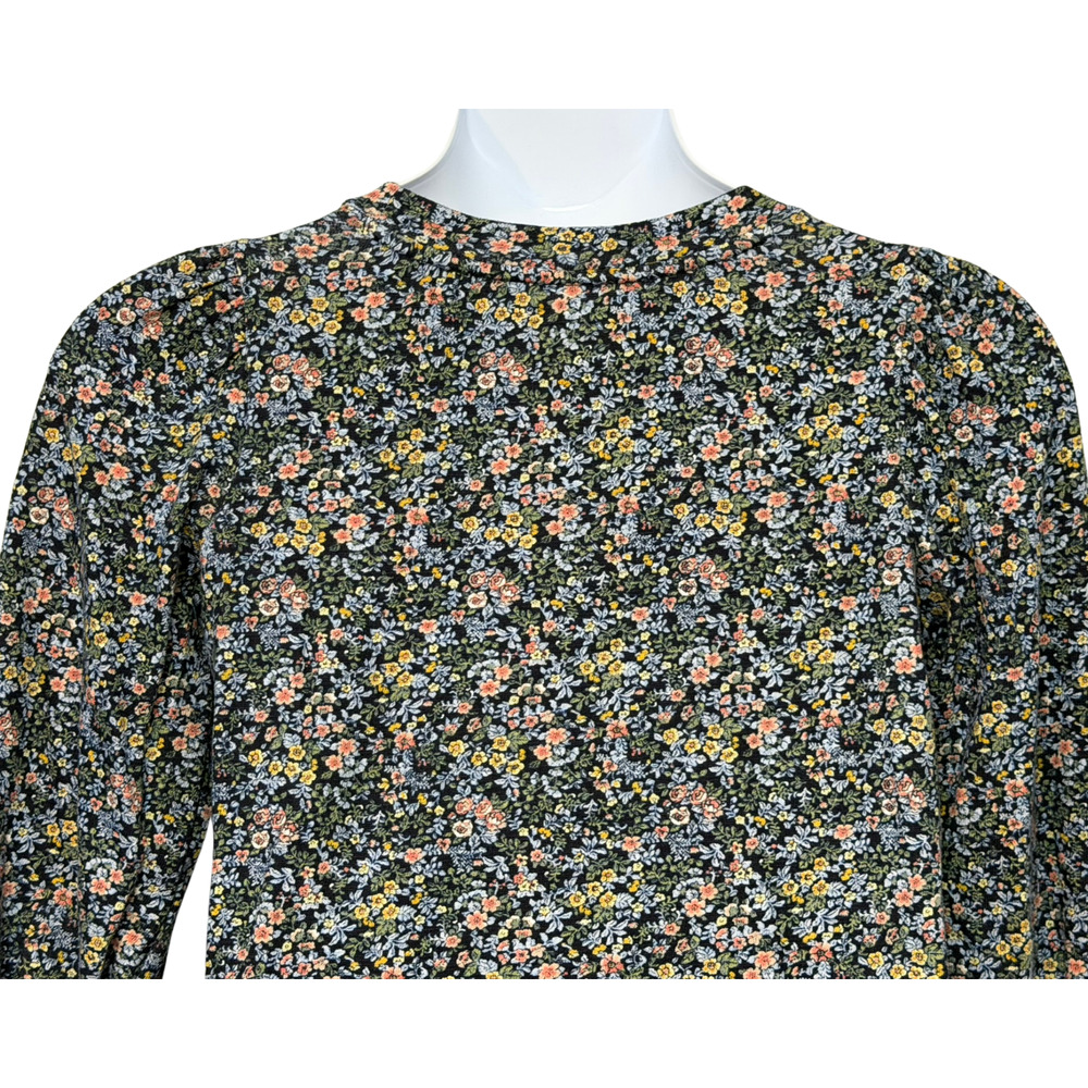 LOFT Sz M Cottage Floral Puff Sleeve Pullover Top Blue Knit Sweatshirt Romantic - Picture 9 of 11